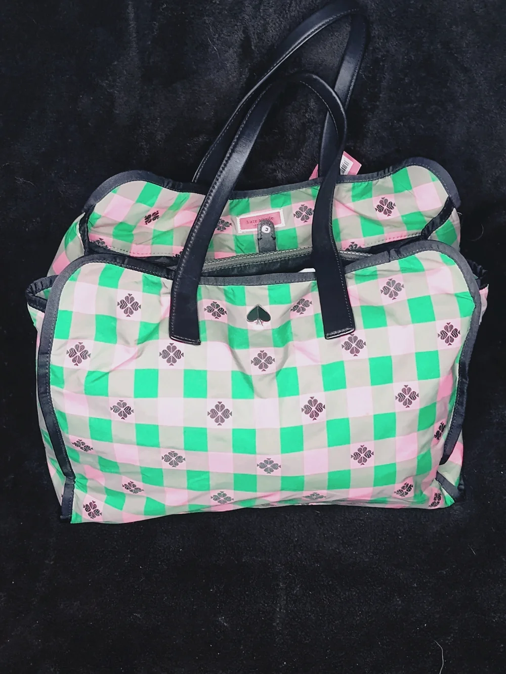 kate spade Green and Pink Gingham Tote with Floral Motif